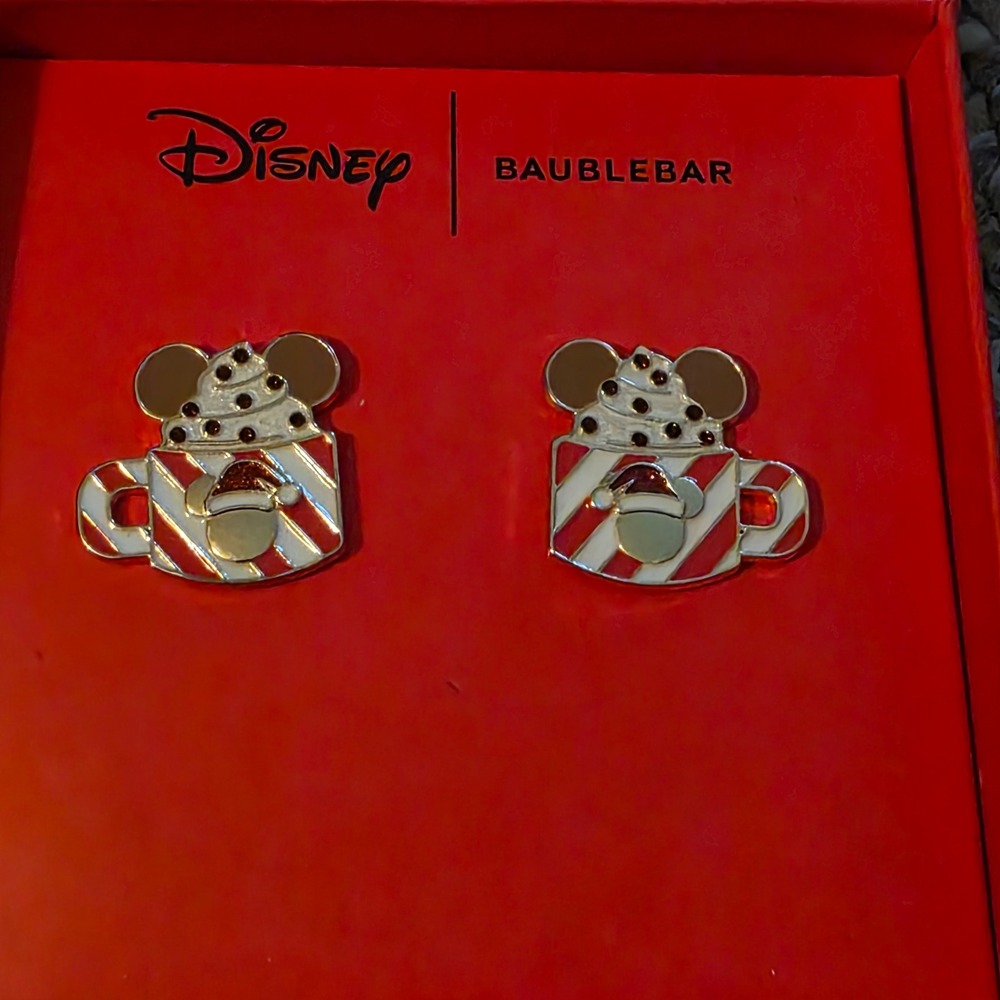 Disney BaubleBar Mickey Mouse Hot Cocoa Mug Holiday Stud Earrings Red White NEW